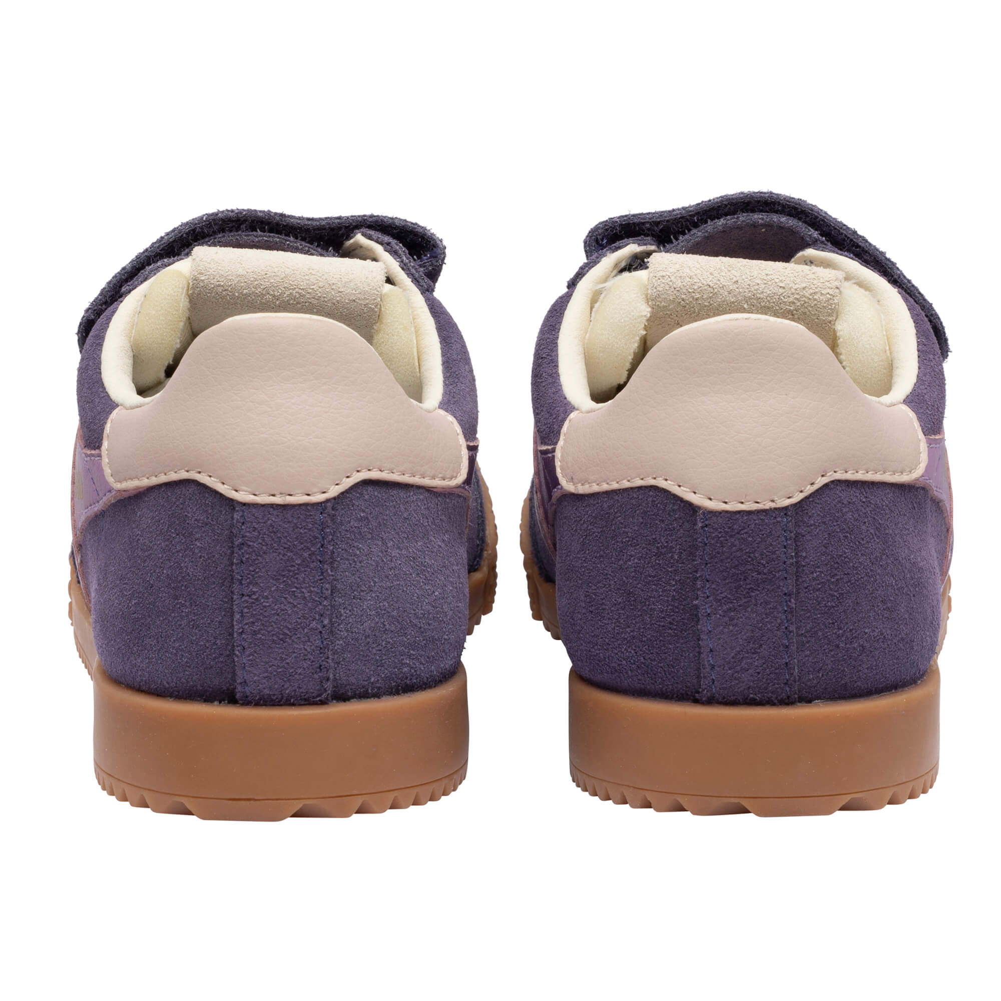 Pair of purple suede trainers with beige heels and brown soles