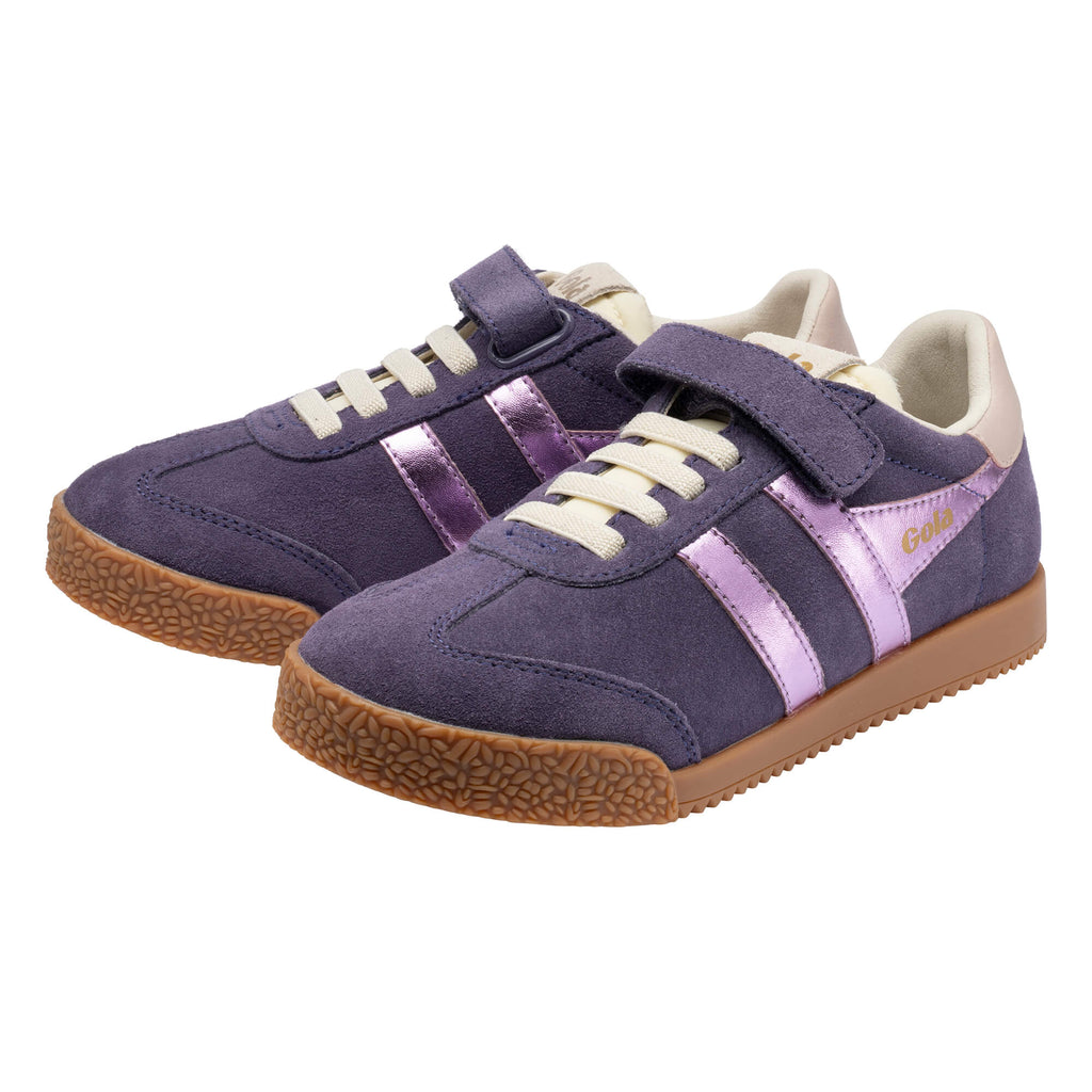 Pair of Gola Kids Coaster trainers in purple suede with pink metallic stripes and gum sole