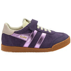Purple Gola trainer with pink metallic stripes and a hook and loop fastening