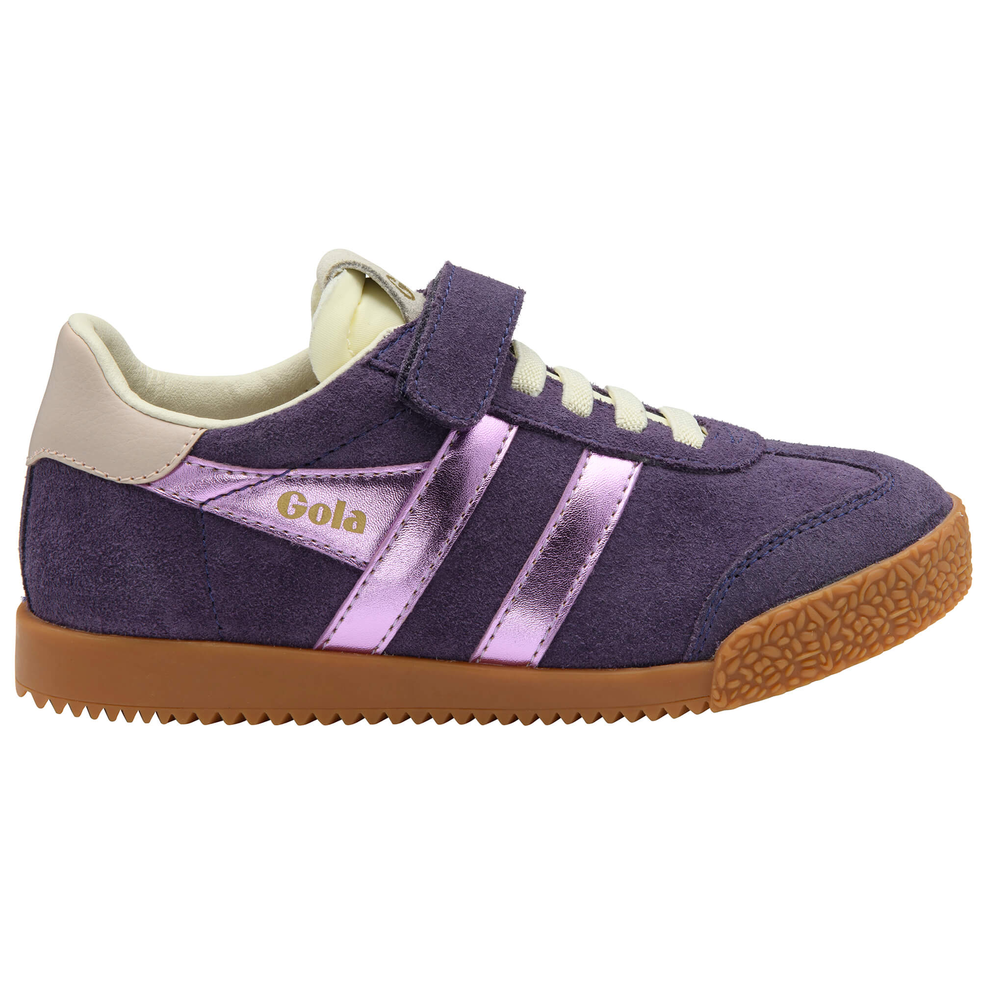 Purple Gola trainer with pink metallic stripes and a hook and loop fastening