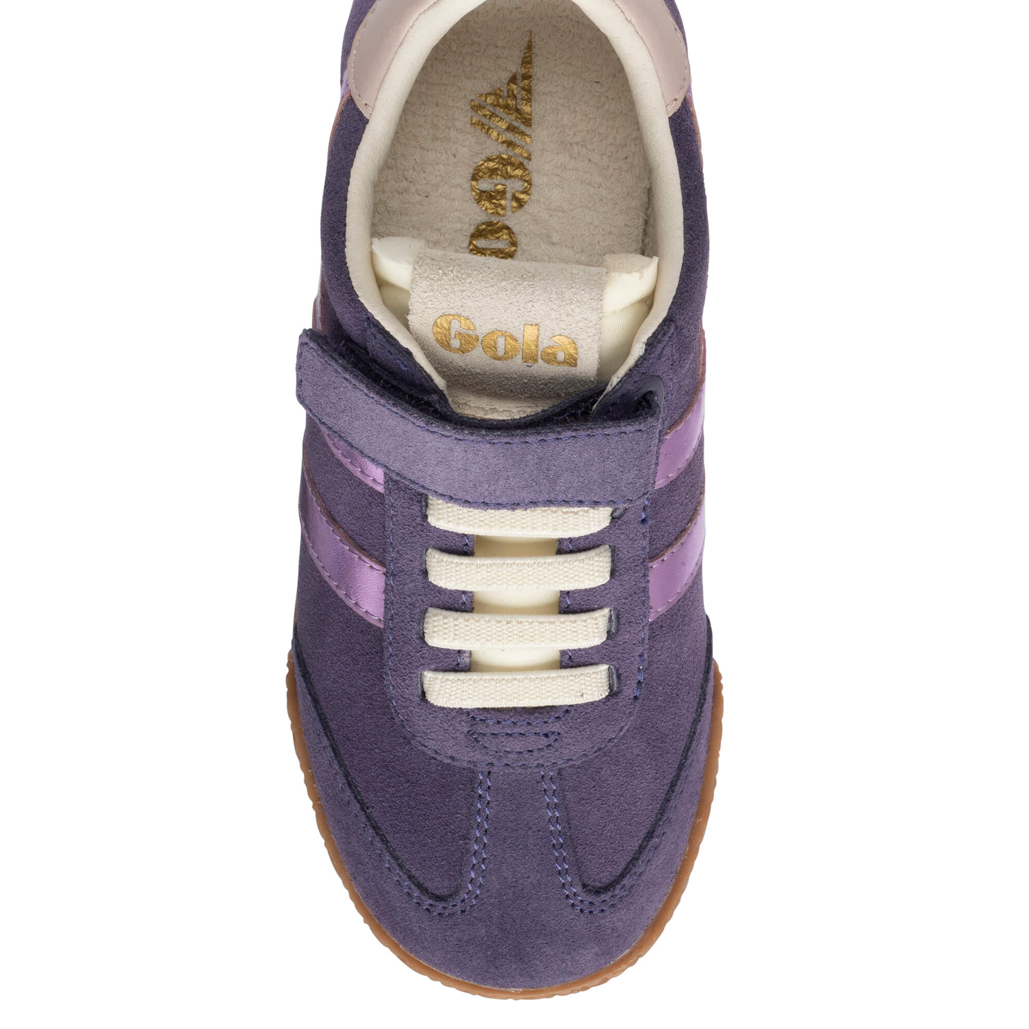 Purple Gola trainer with white laces and a brown sole