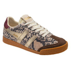 Gola women's trainer in snakeskin print with gold stripes and a brown toe