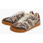 Pair of Gola Harrier trainers in snakeskin print with gold stripes and brown suede toe and heel