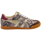 Gola women's trainer in snakeskin print with gold stripes and a brown sole