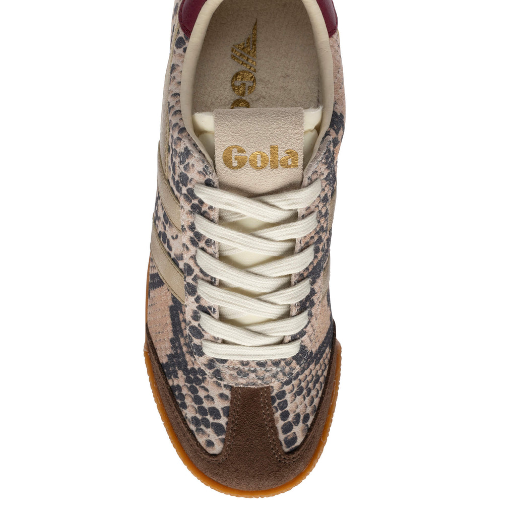 Top-down view of a Gola trainer with a snakeskin pattern, cream laces, and a brown toe cap