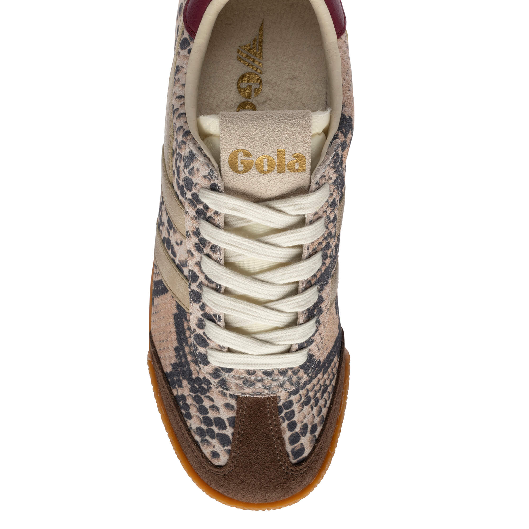 Top-down view of a Gola trainer with a snakeskin pattern, cream laces, and a brown toe cap