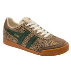 Gola Harrier Safari trainer in leopard print with green stripes and brown suede toe