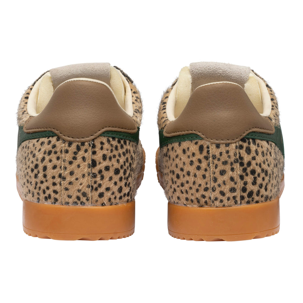 Pair of leopard print trainers with brown heel tabs and gum soles