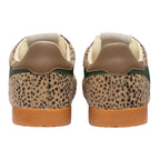 Pair of leopard print trainers with brown heel tabs and gum soles
