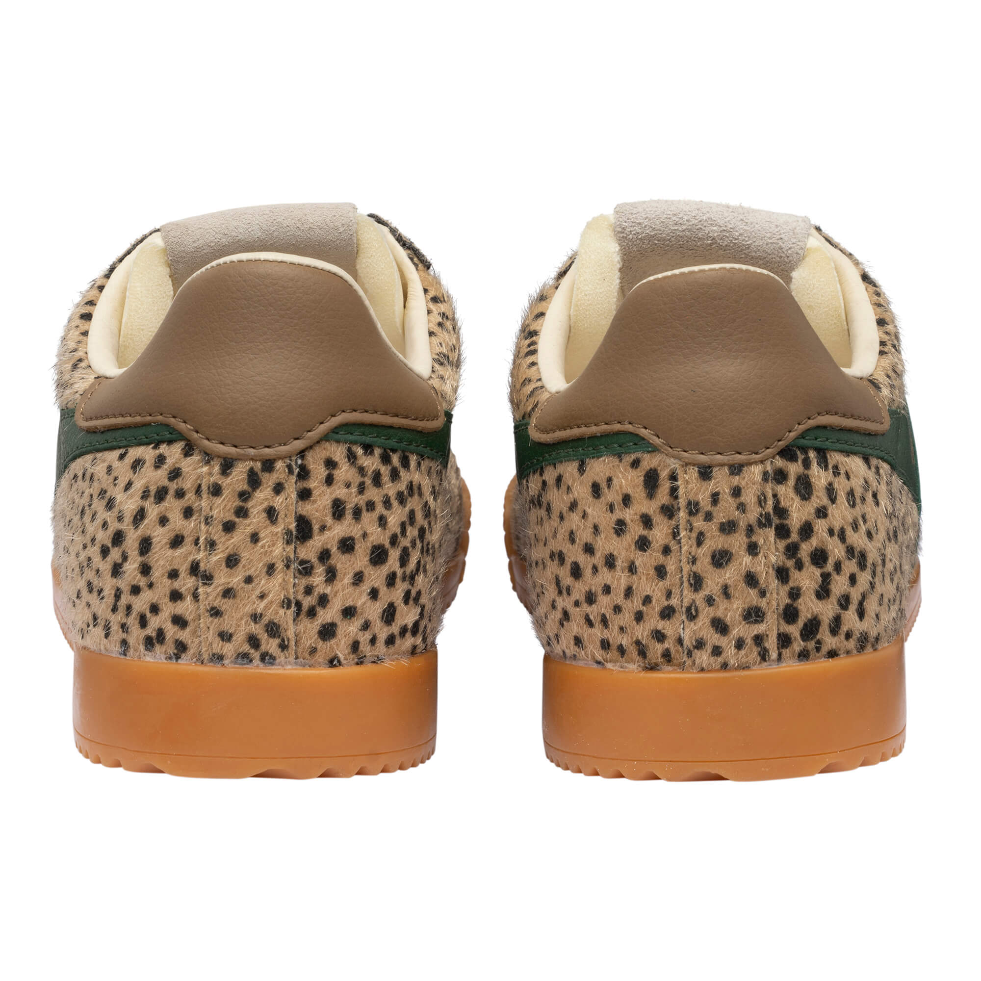 Pair of leopard print trainers with brown heel tabs and gum soles