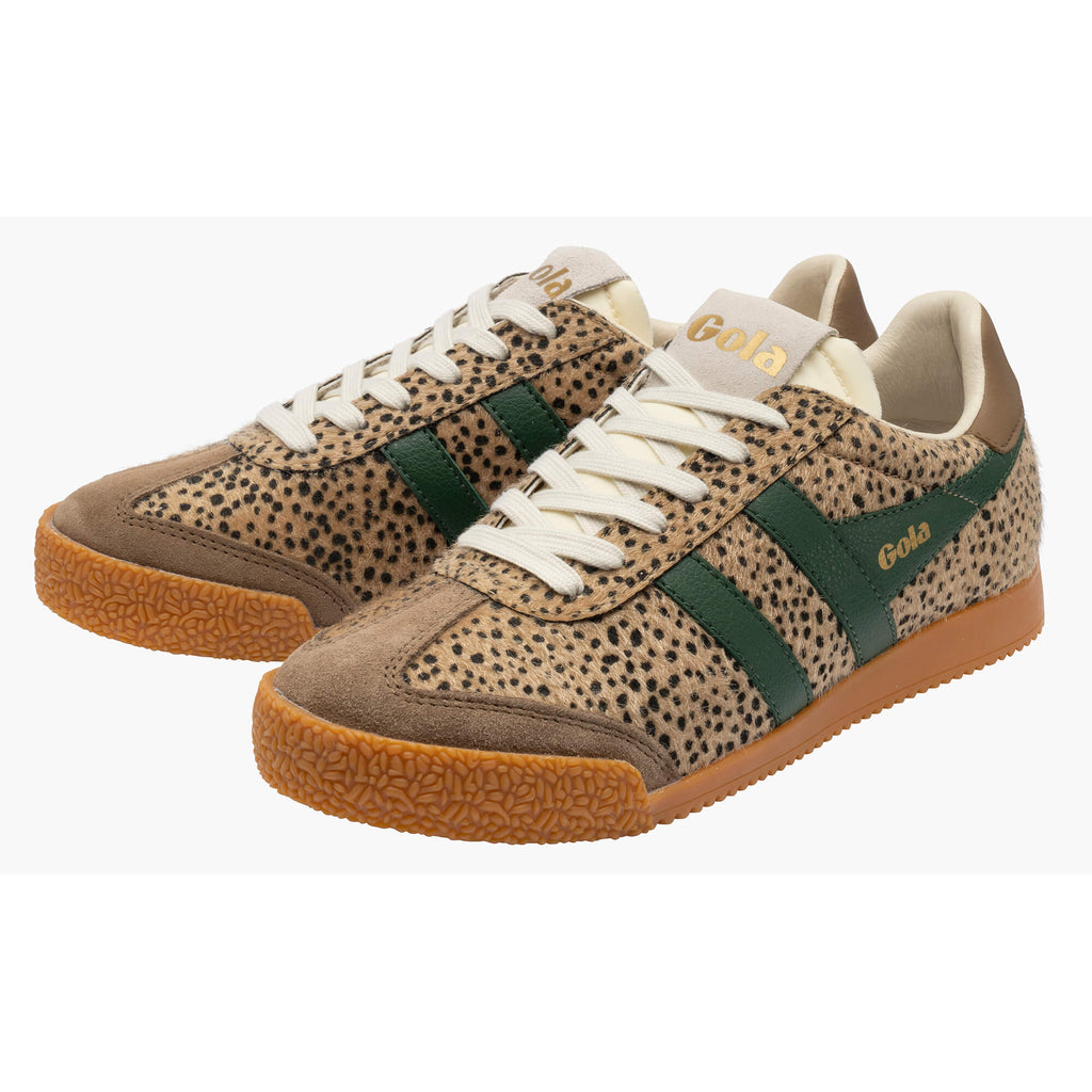 Pair of Gola Harrier trainers in leopard print with green side stripes and brown suede accents