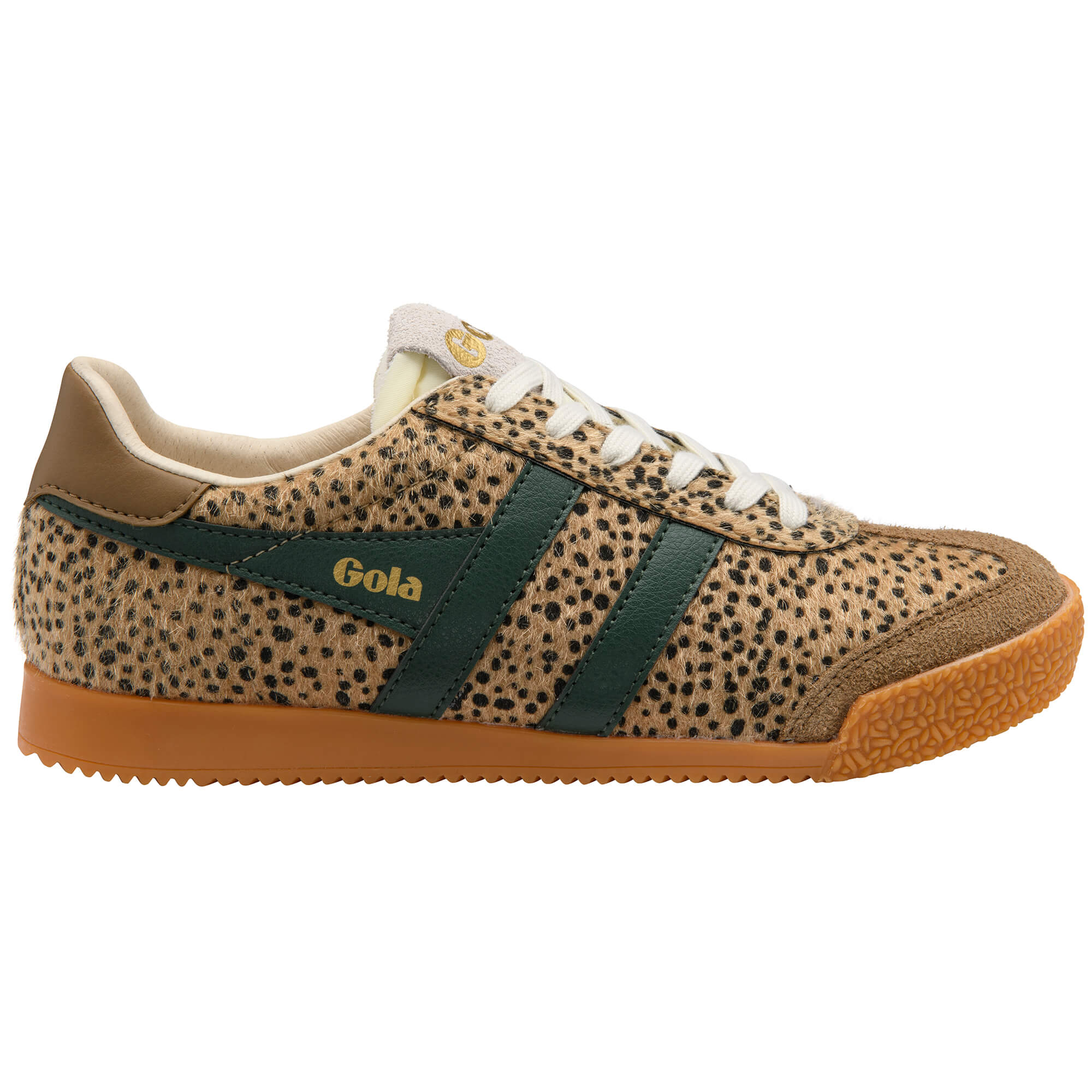 Gola women's trainer in leopard print with dark green stripes and a brown sole
