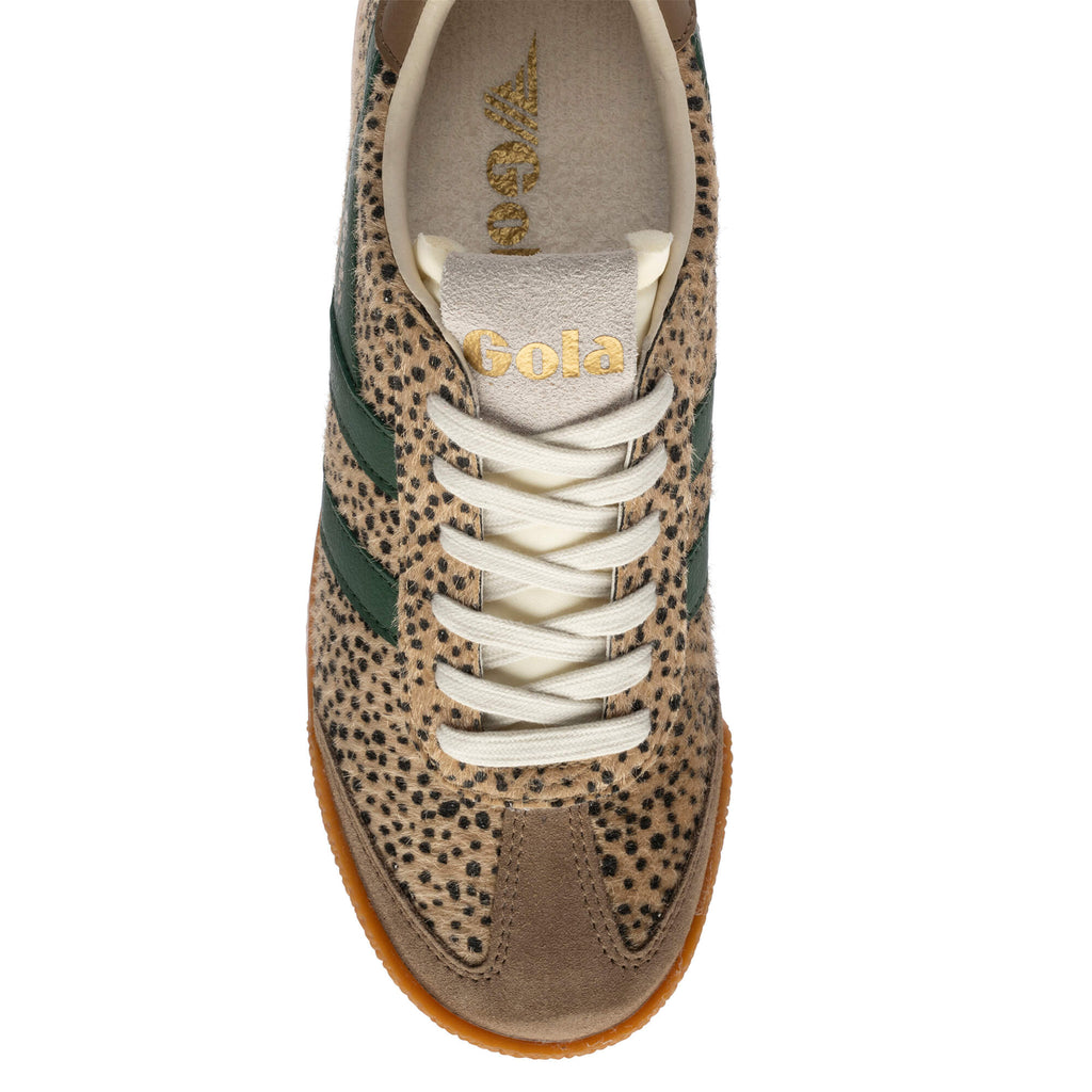 Gola Harrier Safari trainer with leopard print upper, green stripes, and white laces