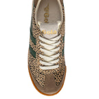 Gola Harrier Safari trainer with leopard print upper, green stripes, and white laces