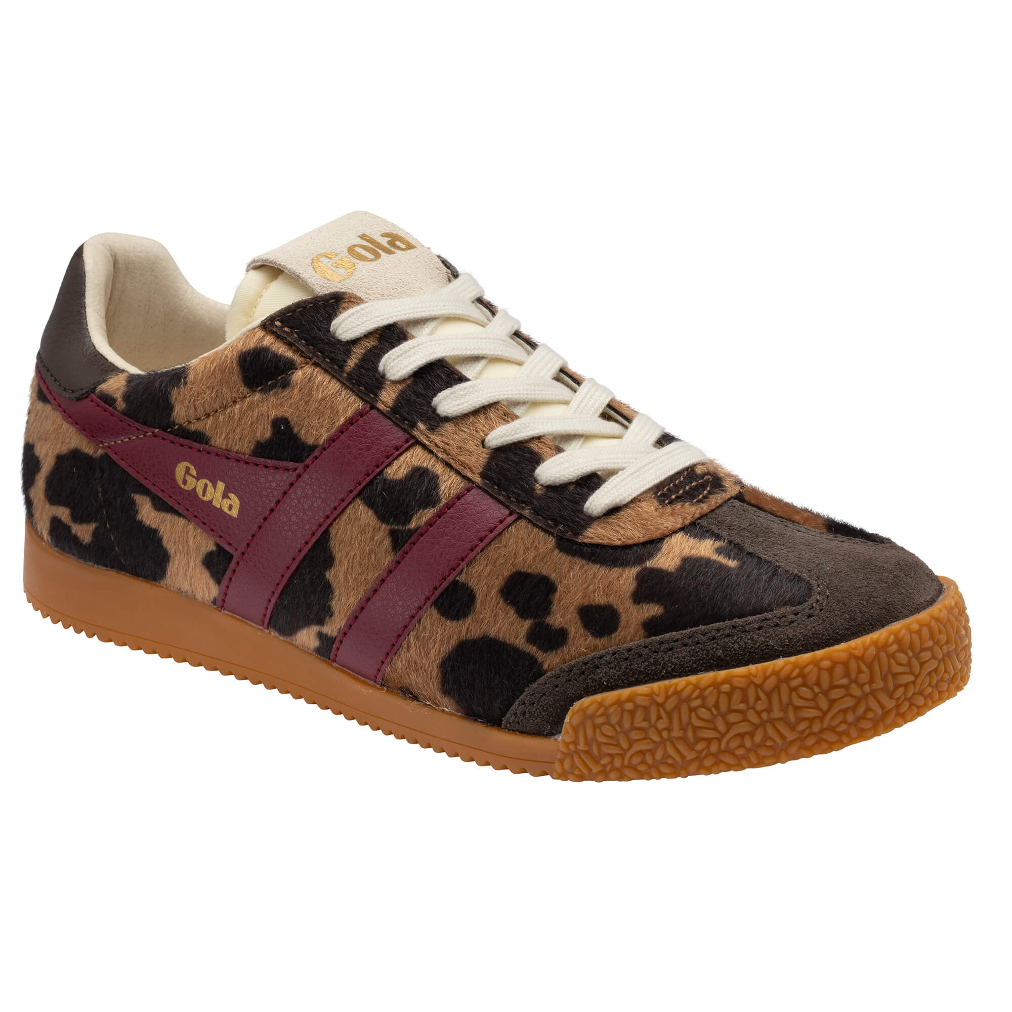 Gola Harrier trainers in leopard print with burgundy stripes and a gum sole