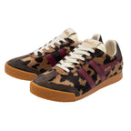 Pair of Gola trainers with leopard print fur, burgundy stripes, and brown suede accents