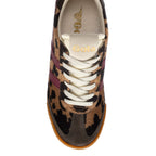 Gola women's trainer in leopard print with burgundy stripes and white laces