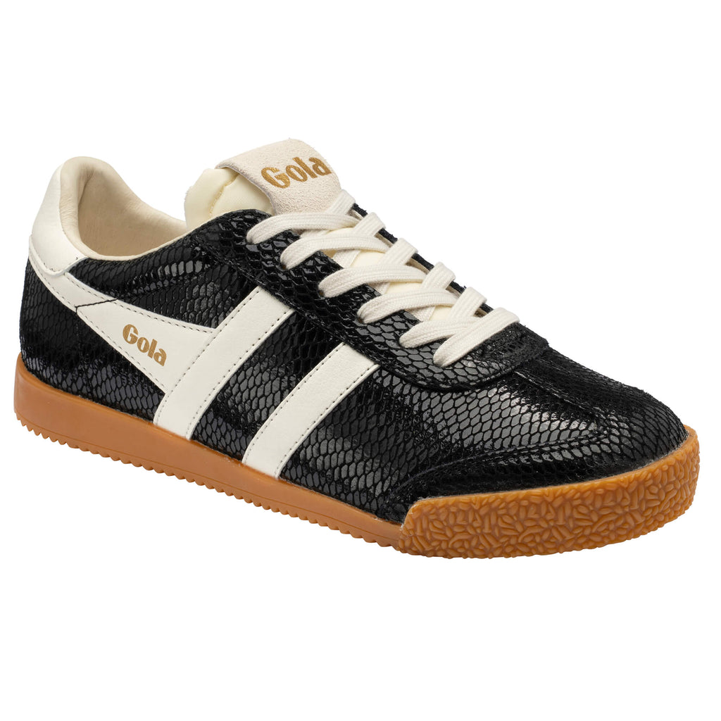 Gola Harrier trainer in black with white stripes and a gum sole