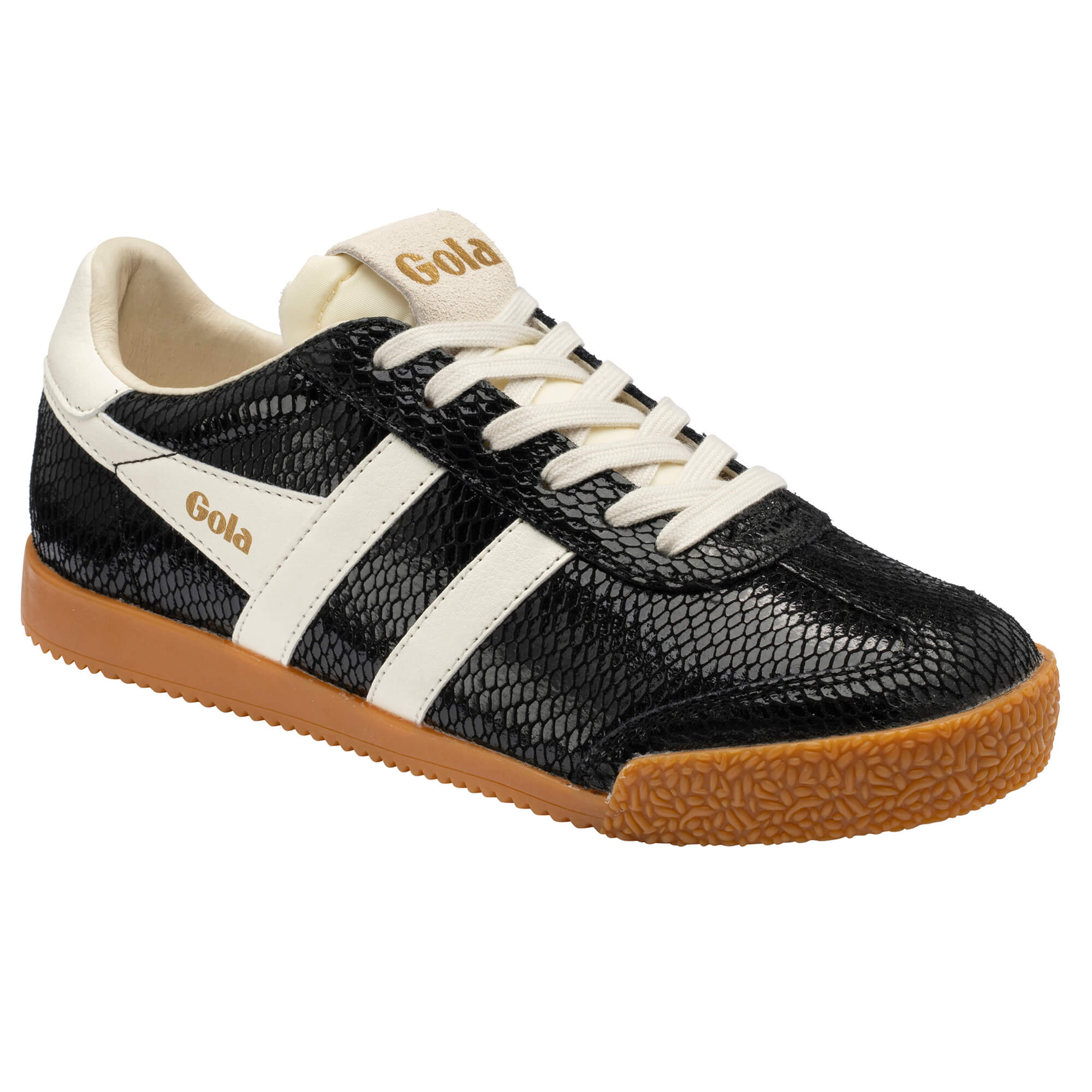 Gola Harrier trainer in black with white stripes and a gum sole