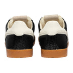 Rear view of black trainers with white trim and brown soles