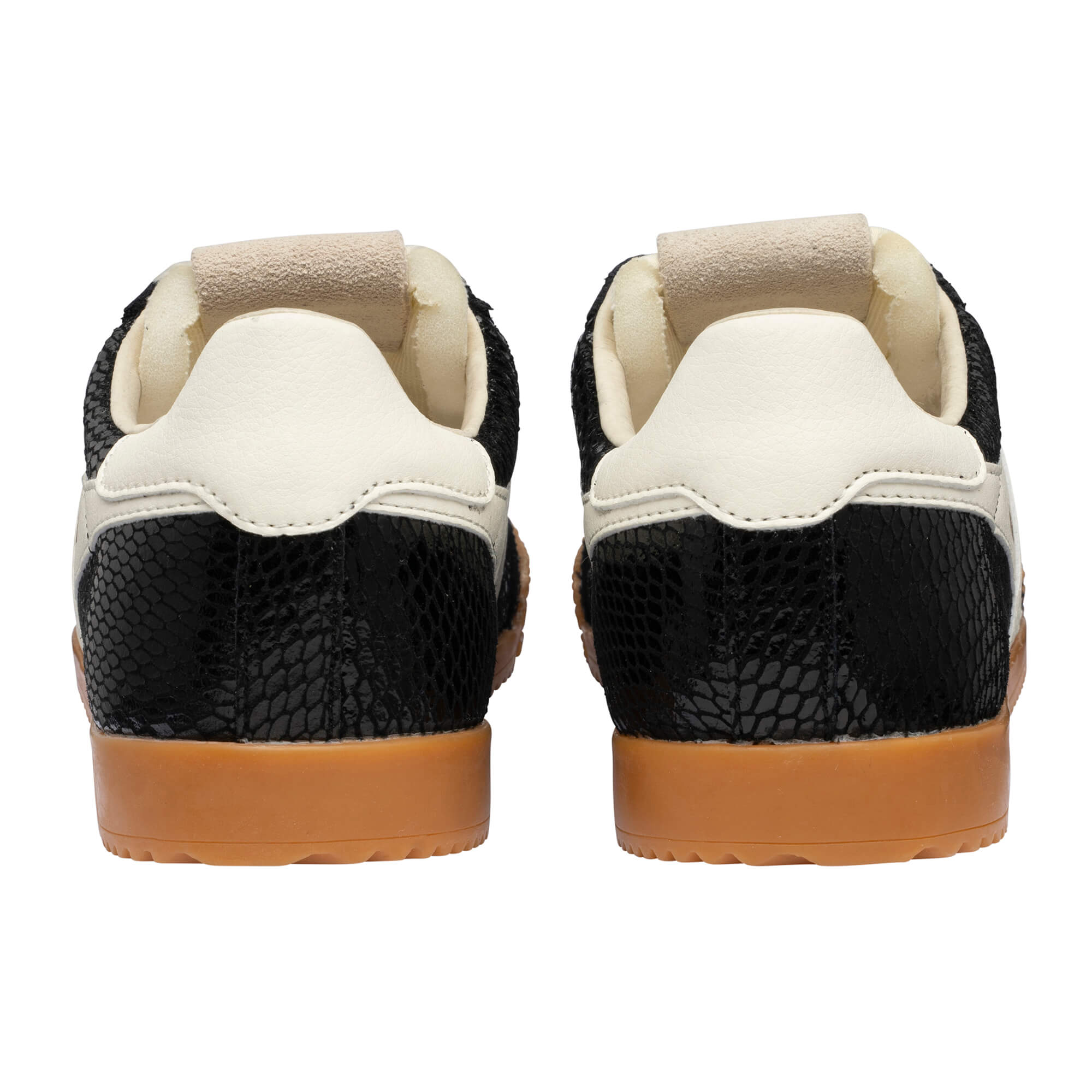 Rear view of black trainers with white trim and brown soles