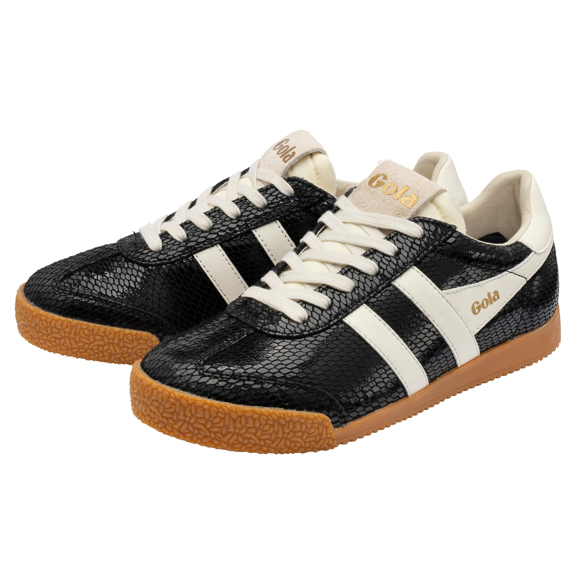 Pair of Gola Harrier trainers in black faux snakeskin with white stripes and gum sole