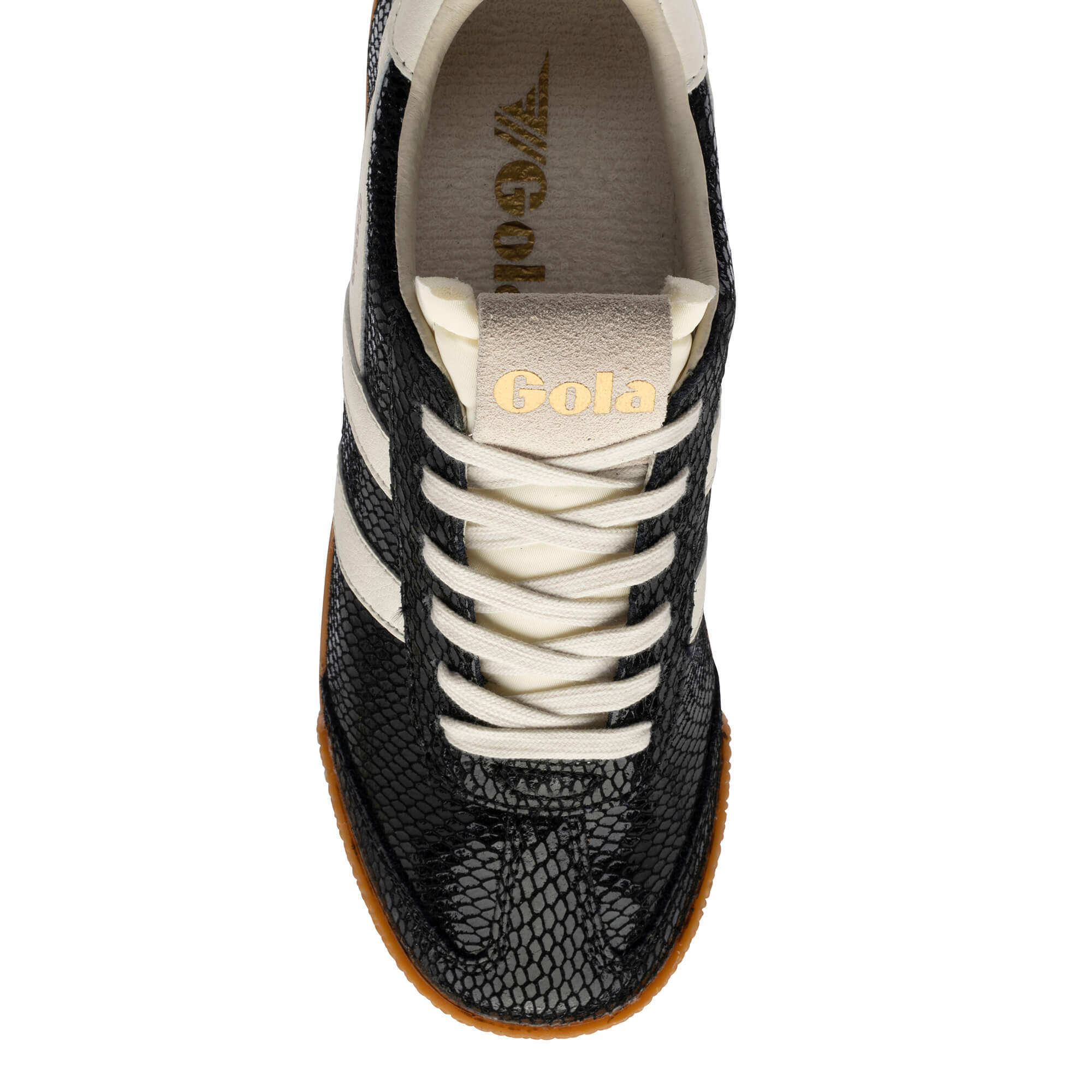Black and white Gola trainer with snakeskin texture and gum sole