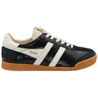 Gola women's trainer in black with a snakeskin pattern, white stripes, and a tan sole