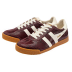 Pair of Gola Harrier trainers in burgundy faux snakeskin with white stripes and gum sole