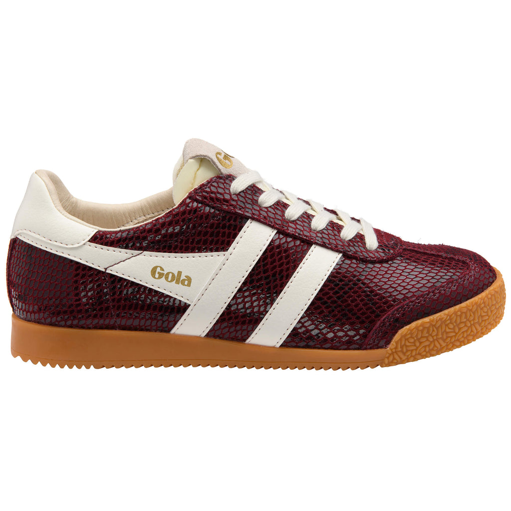 Gola trainer in burgundy with white stripes and a gum sole