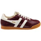 Gola trainer in burgundy with white stripes and a gum sole