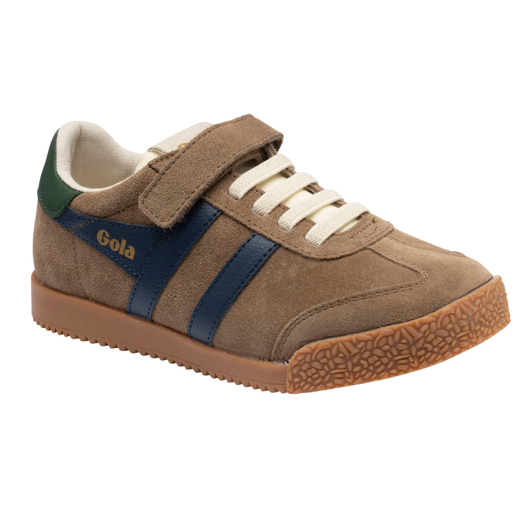 Brown suede Gola trainer with navy stripes, cream laces, and a green heel tab
