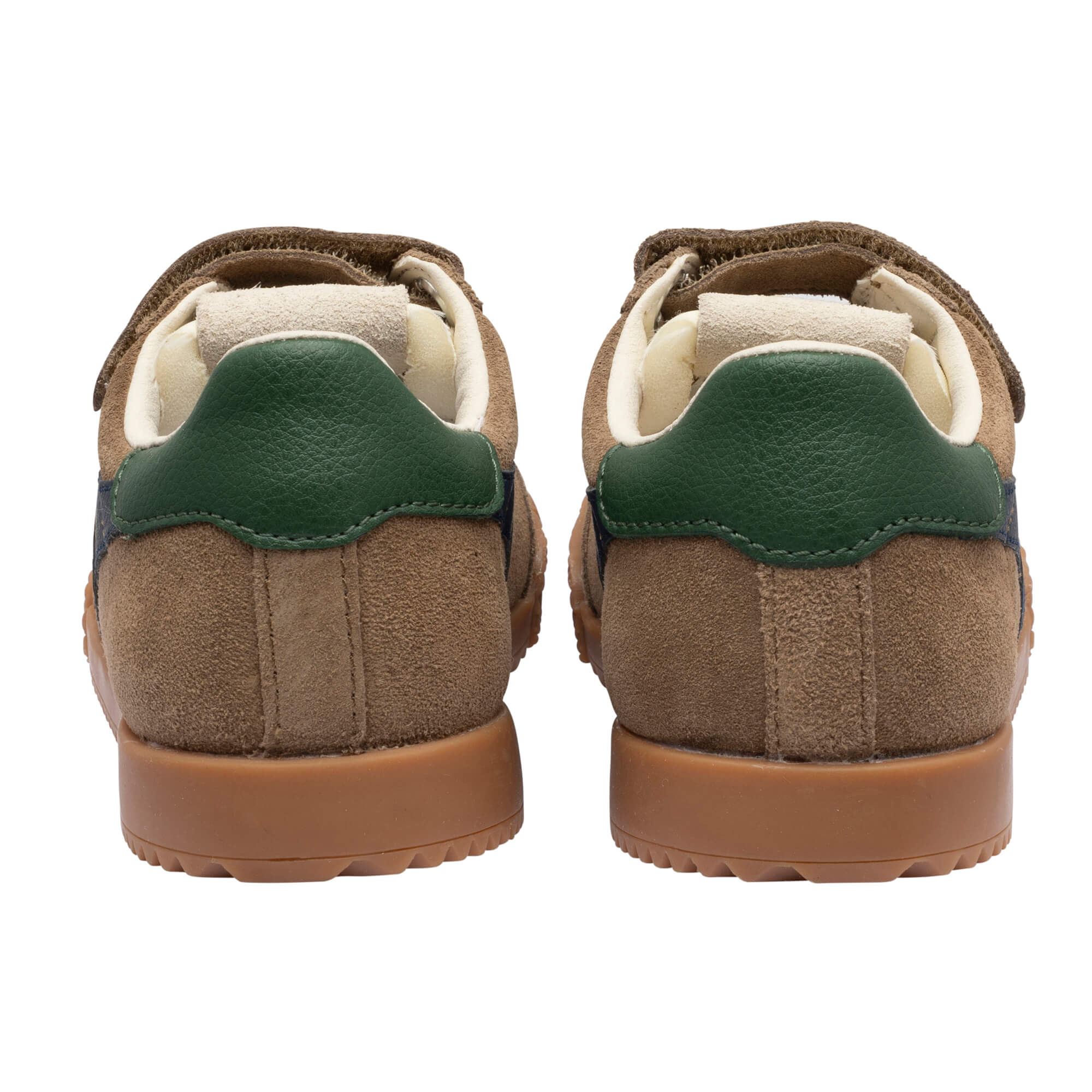 Pair of brown suede trainers with green heel tabs and brown rubber soles, rear view