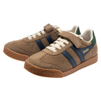 Pair of Gola Kids Coaster velcro trainers in brown suede with navy stripes and green heel tab