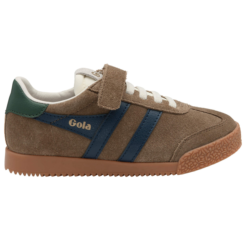 Gola Kids Coaster Velcro trainer in brown suede with navy stripes and green heel tab