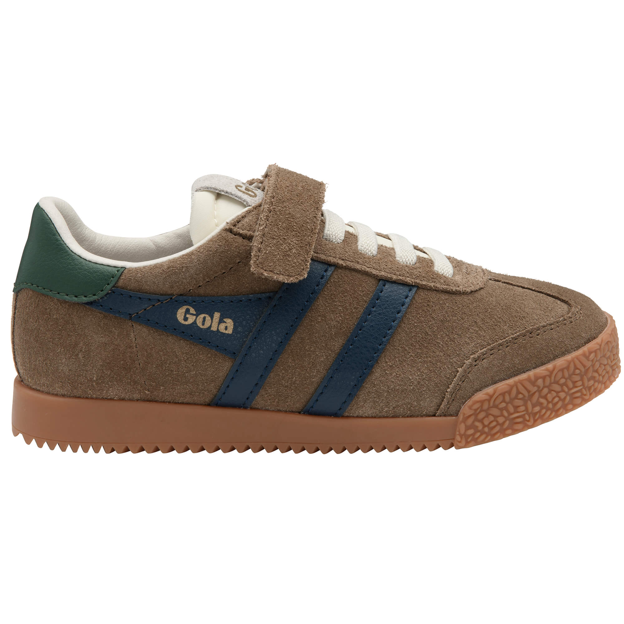 Gola Kids Coaster Velcro trainer in brown suede with navy stripes and green heel tab