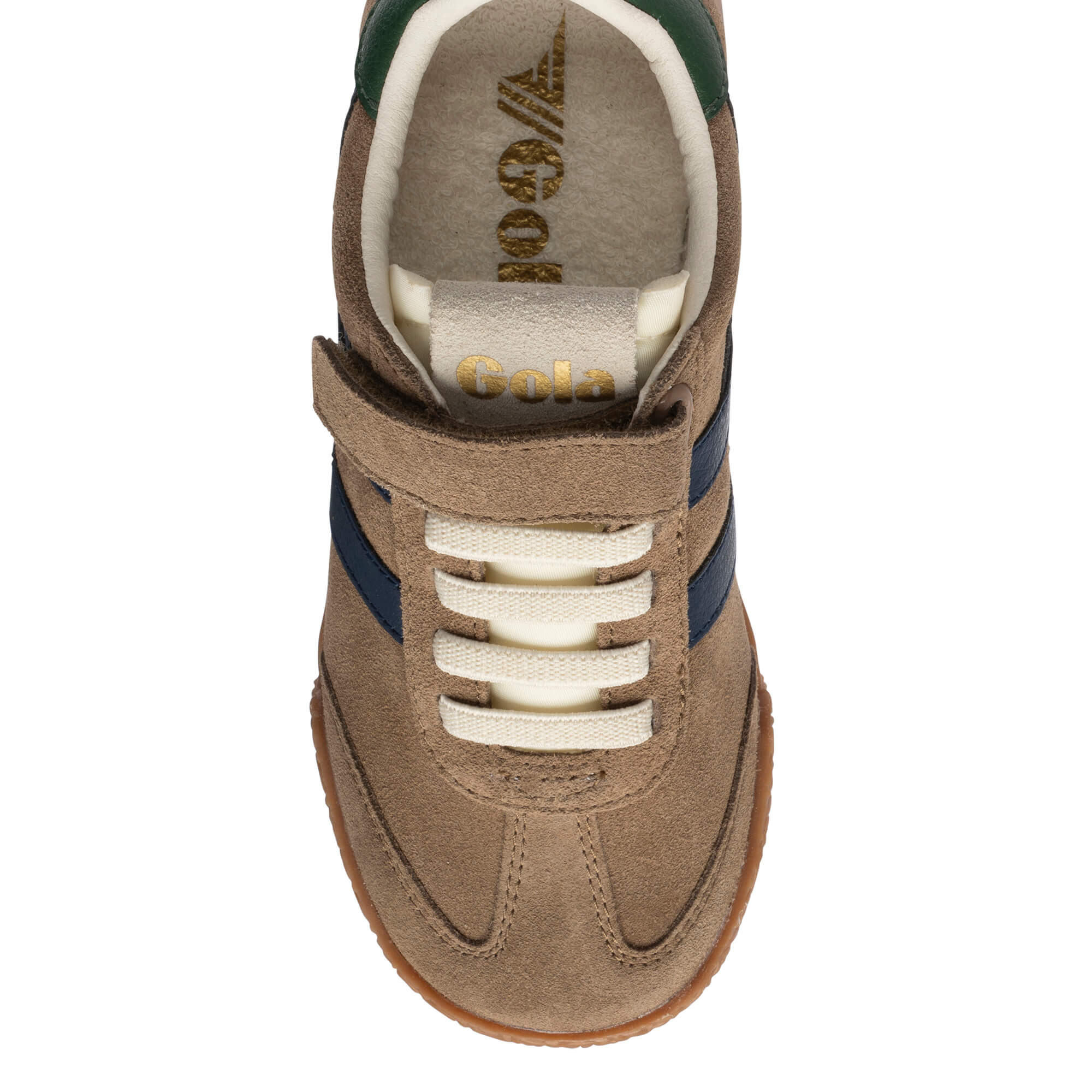 Top-down view of a Gola Kids Coaster velcro trainer in tan suede with navy stripes and a green heel