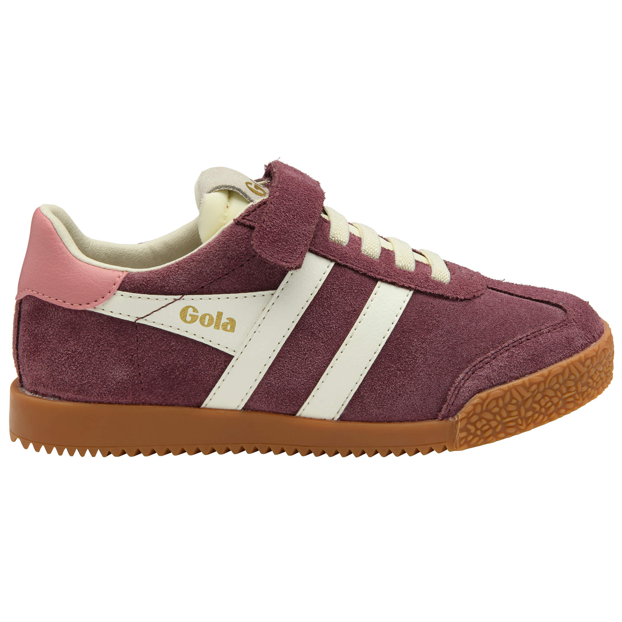 Gola Kids Coaster trainers in burgundy with white stripes and a gum sole