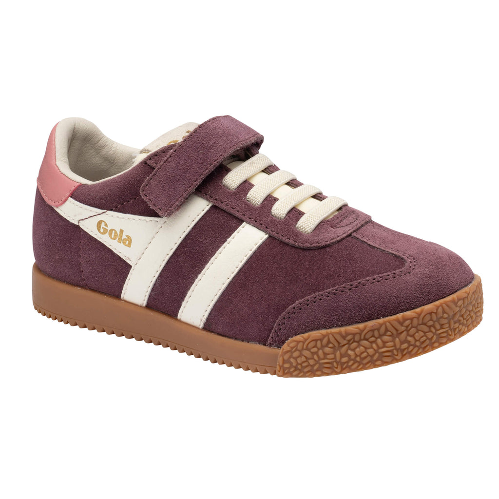 Gola Kids Coaster trainers in plum with white stripes and a brown sole
