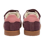Pair of burgundy suede trainers with pink heel tabs and brown soles, rear view