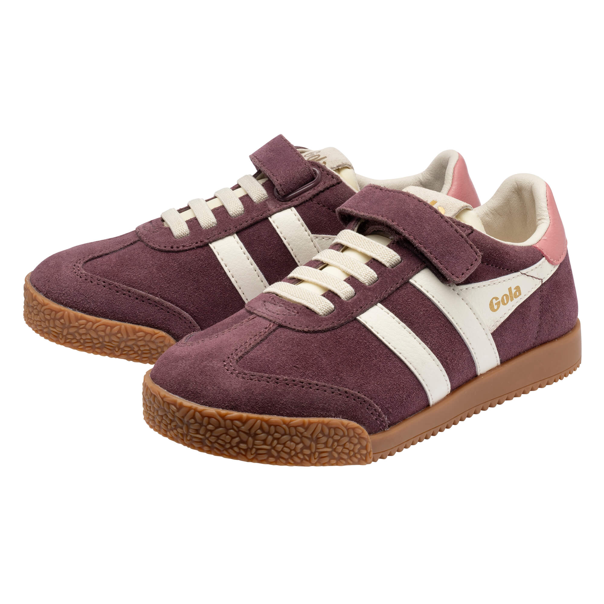 Pair of Gola Kids Coaster trainers in plum suede with white stripes and gum sole
