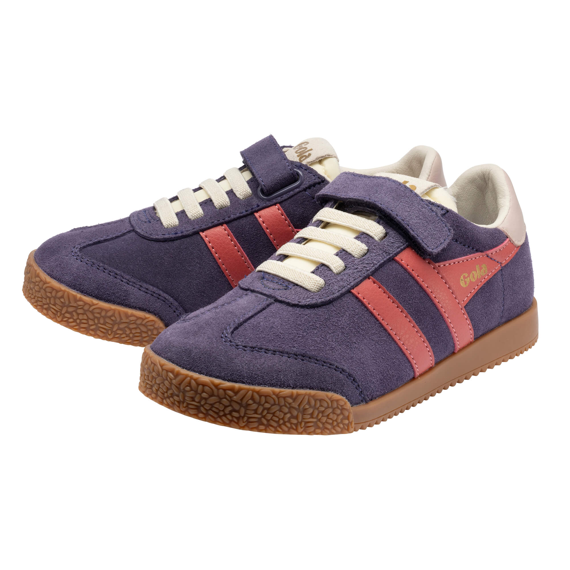 Pair of Gola Kids Coaster trainers in purple suede with pink stripes and cream laces