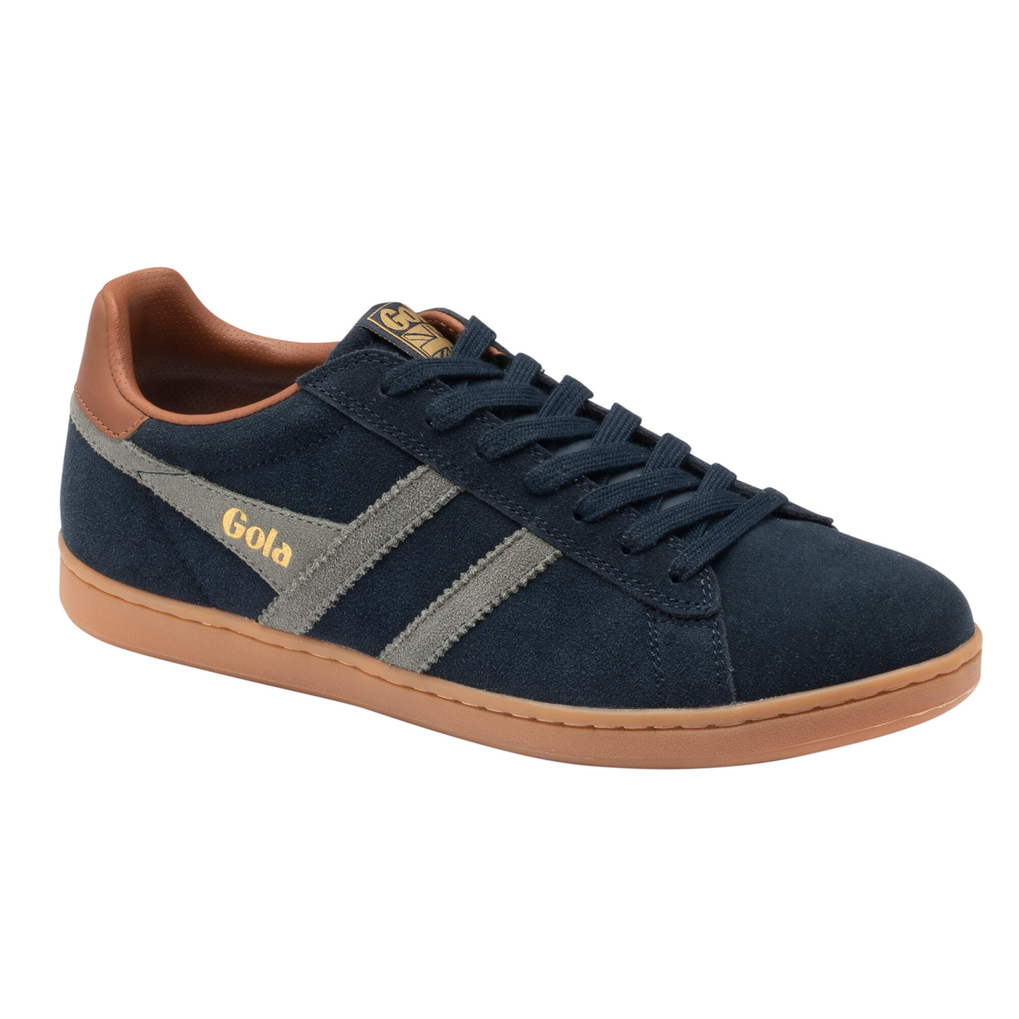 Gola men's trainer in navy suede with grey stripes and a brown sole