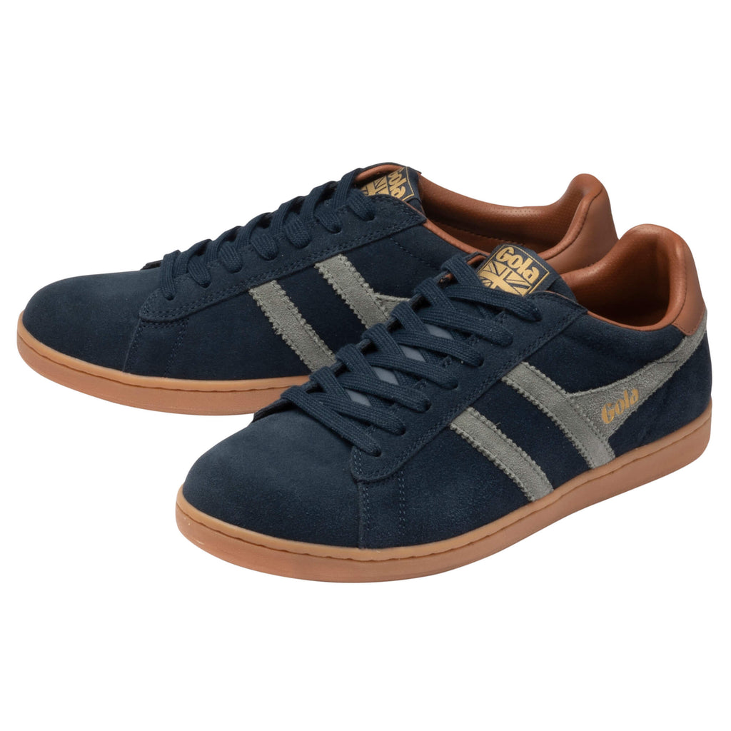 Pair of Gola Harrier trainers in navy suede with grey stripes and brown leather accents
