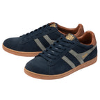 Pair of Gola Harrier trainers in navy suede with grey stripes and brown leather accents
