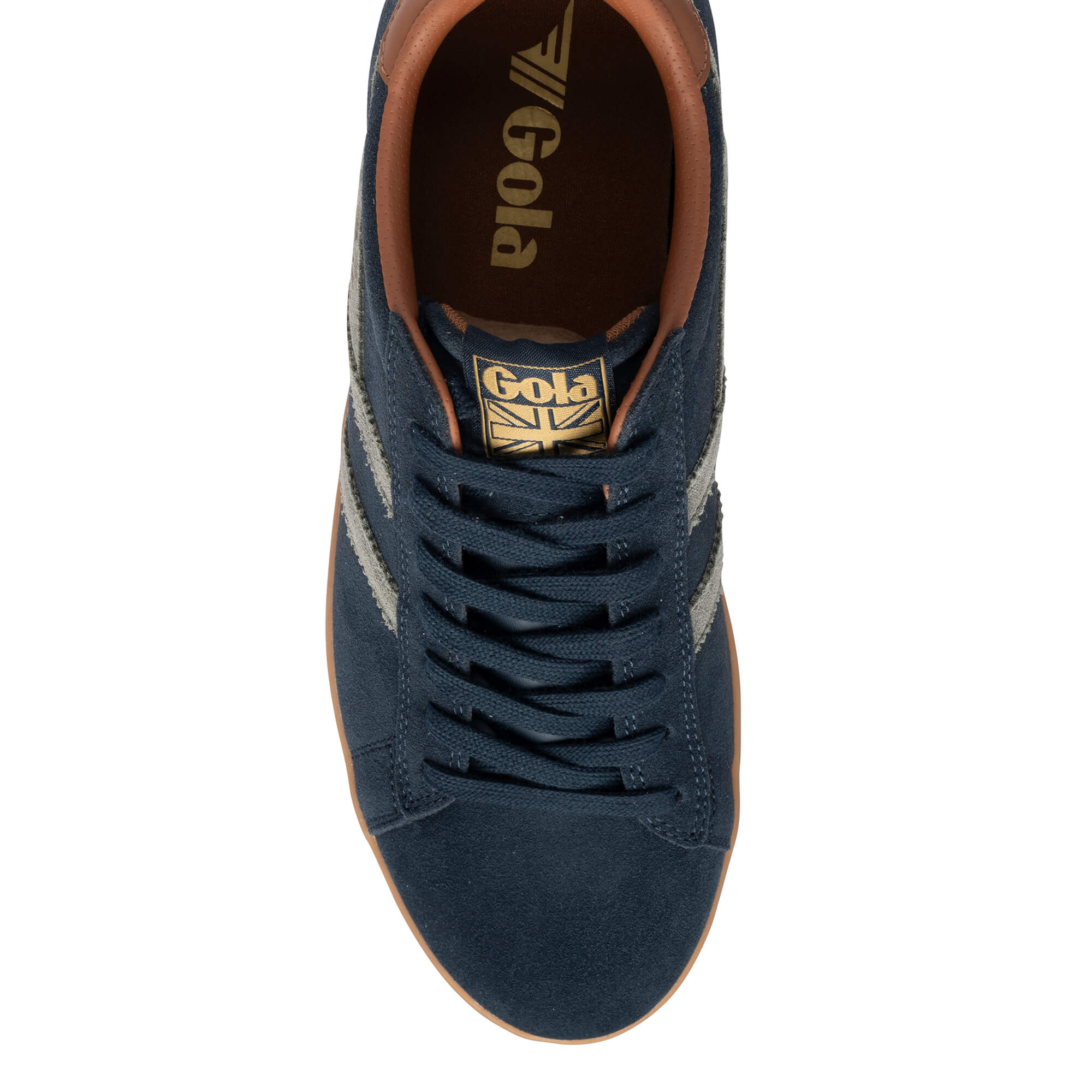 Navy blue Gola trainer with brown trim and gold Gola logo on the tongue