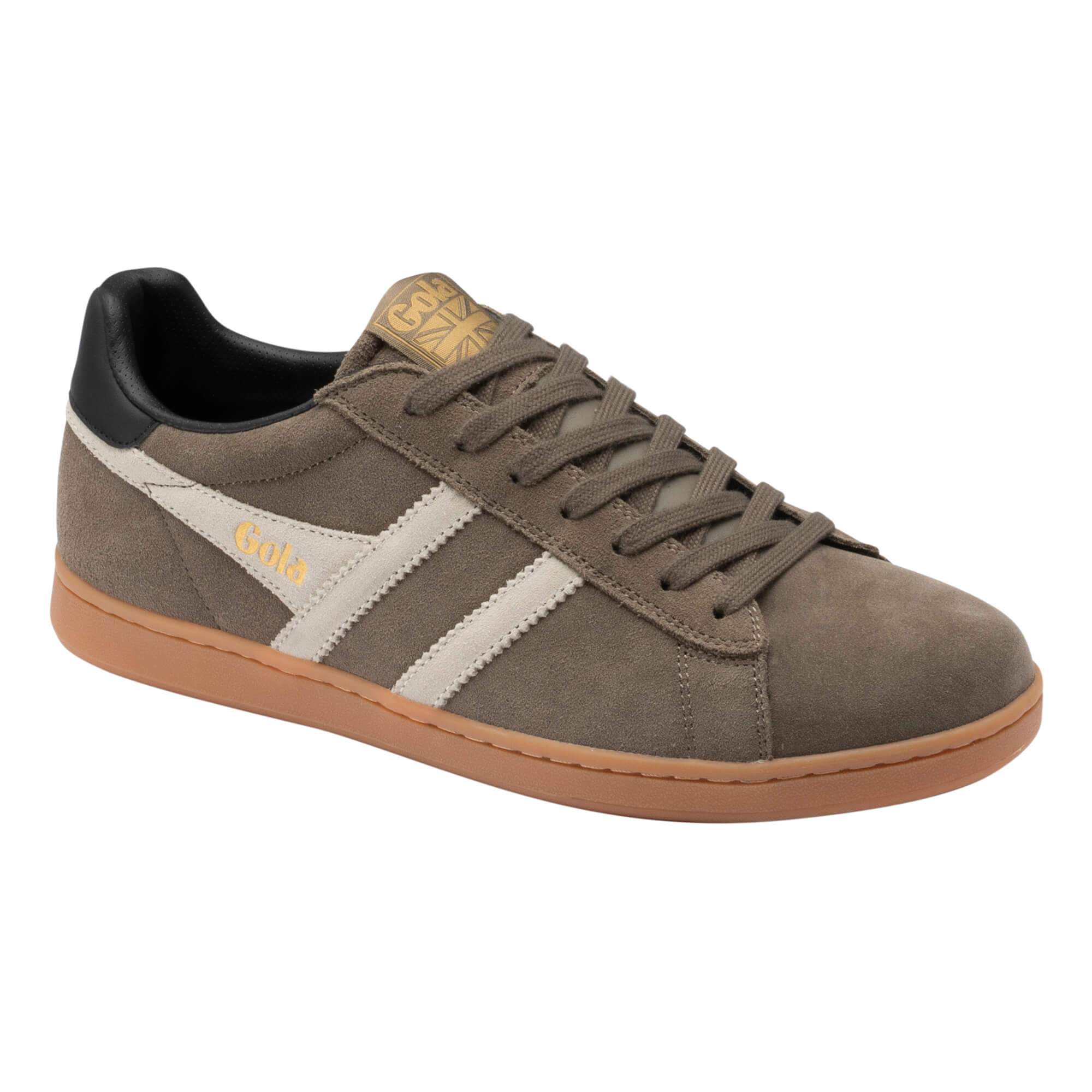 Gola men's low-top trainers in dark brown suede with white stripes and a gum sole