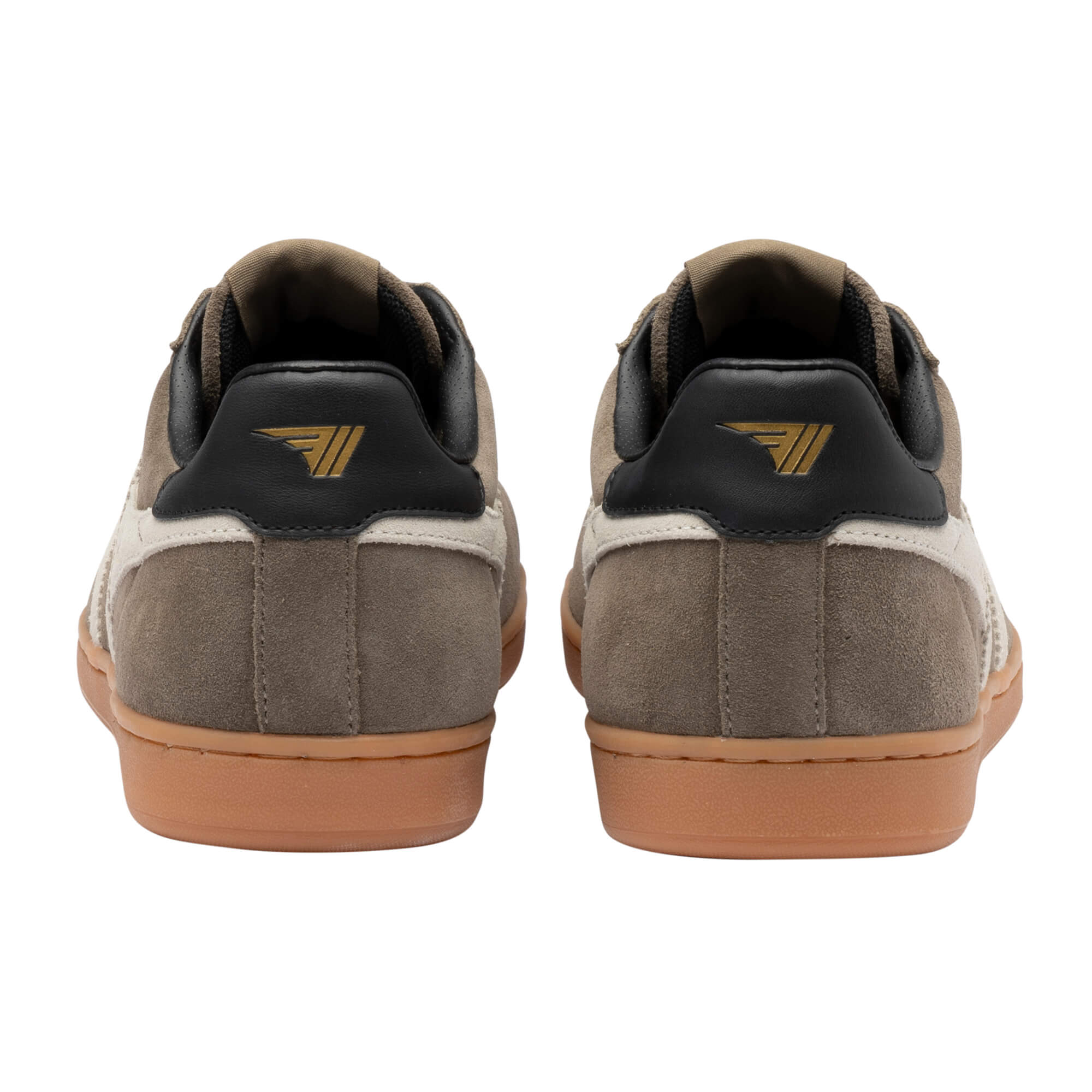 Pair of brown suede trainers with black heel tabs and gold logos, rear view