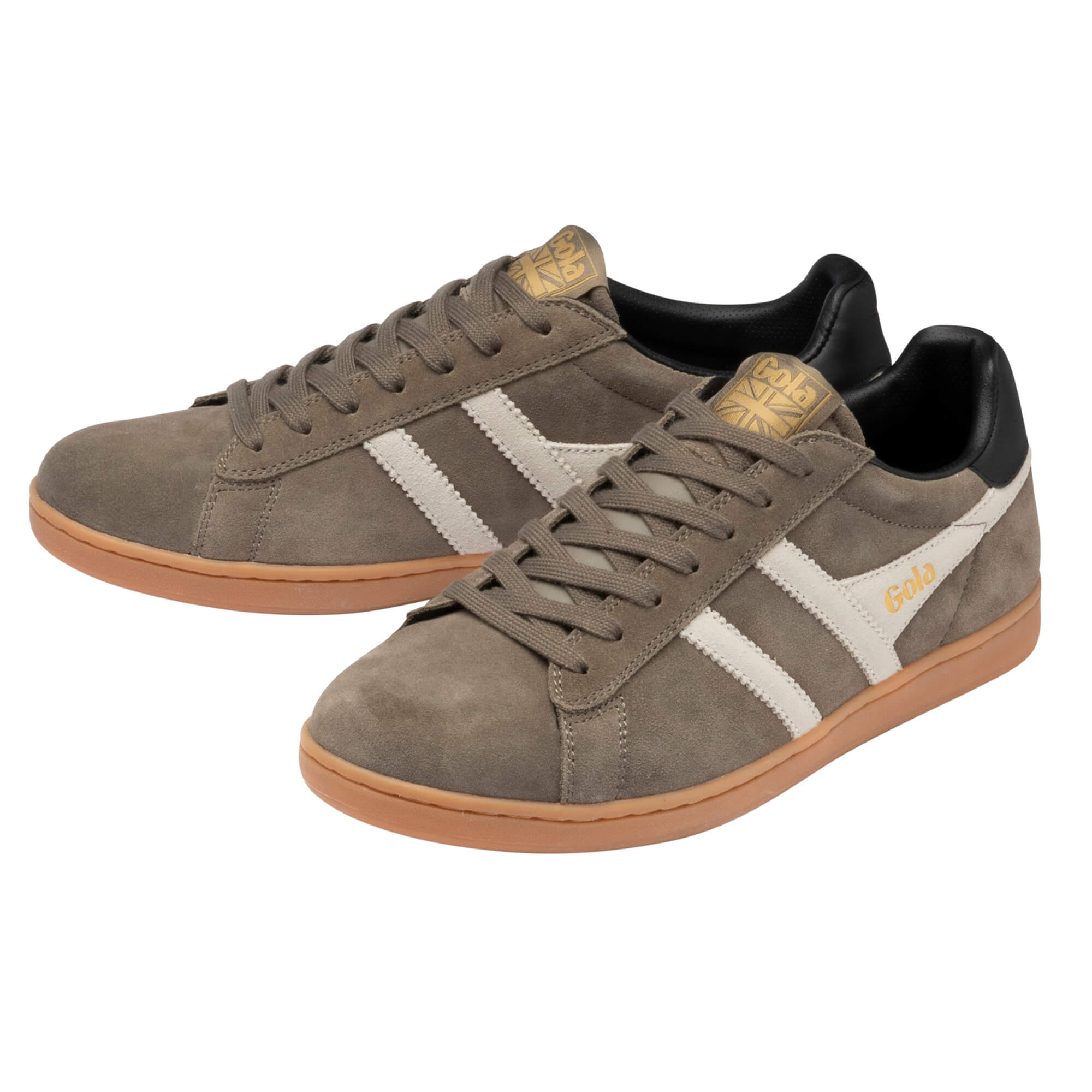 Pair of Gola men's trainers in grey suede with white stripes and gum sole