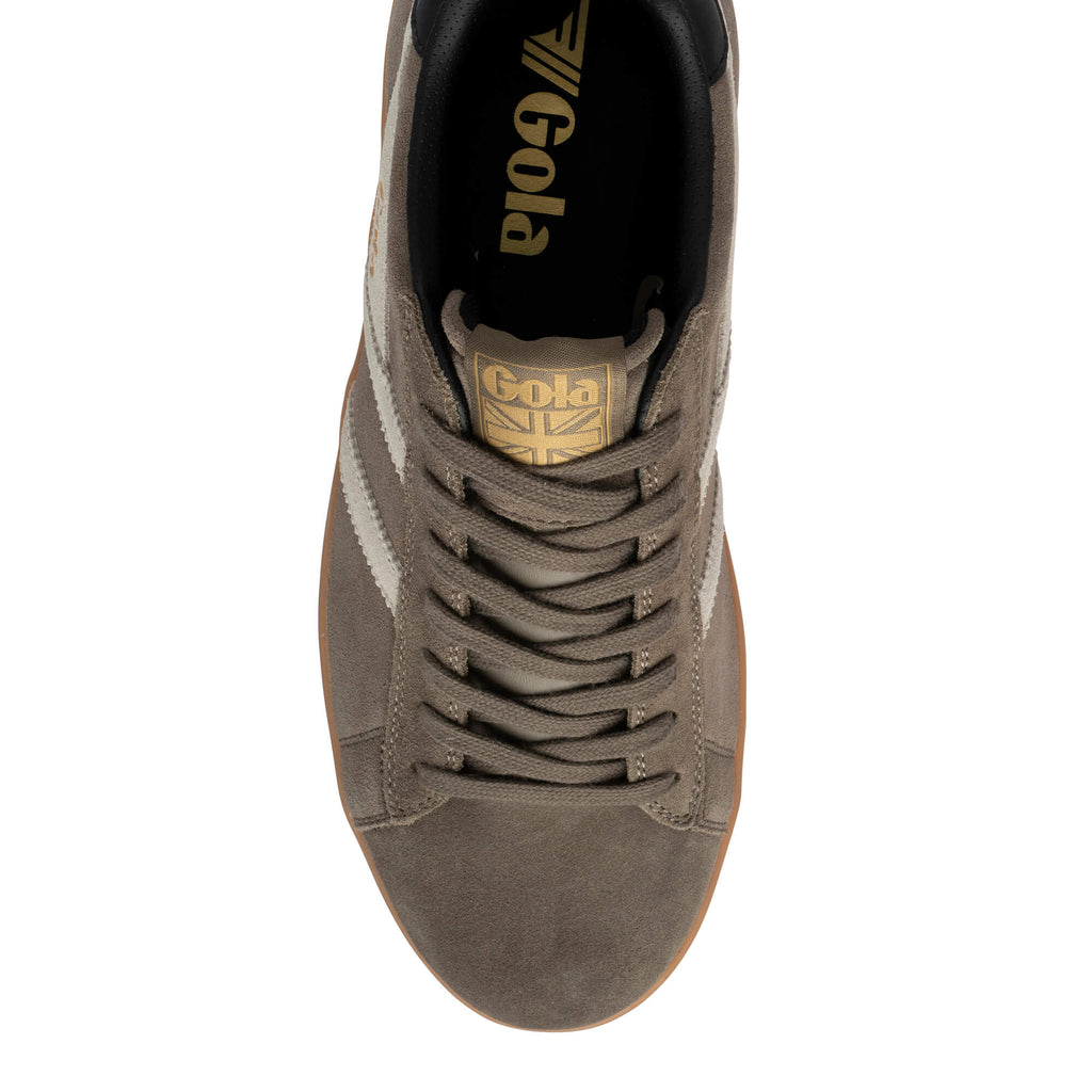 Top-down view of a Gola trainer in grey suede with white stripes and a gum sole